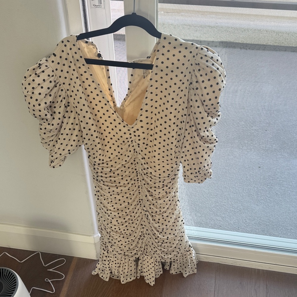 Maeve Cream and Black Ruched Polka Dot Mini Dress